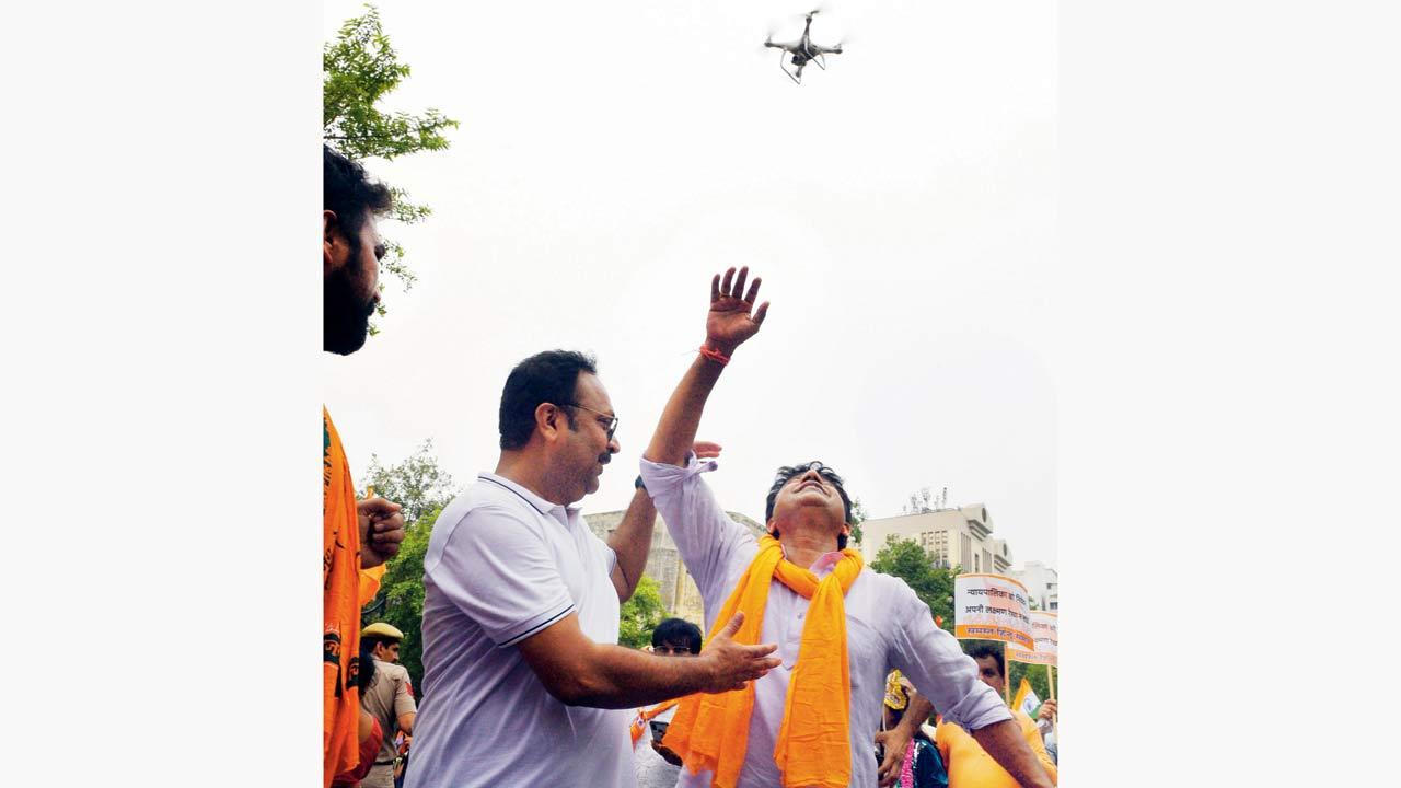A drone deployed by the Delhi Police for surveillance during the VHP Sankalp March being held from Mandi House to Jantar Mantar in Delhi, in July 2022. The Mumbai police deploys drones to enforce security during festivals like Ganesh visarjan. Pic/Getty Images