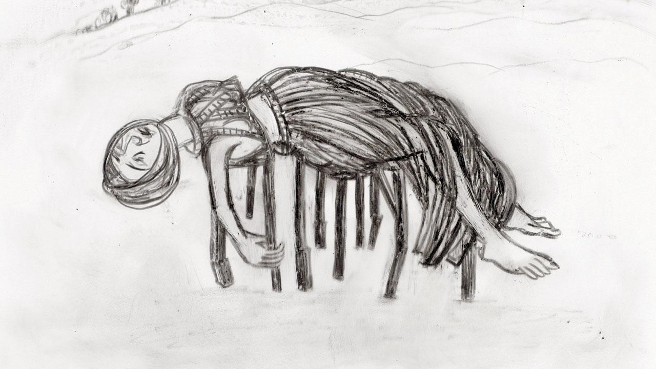 Fallen Warrior drawn with glass pencils on museum acrylic sheets
