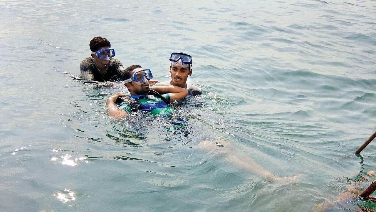 Breathing techniques are taught by guided instructors before diving into the water; Malvan is one of the hotspots for scuba diving in Maharashtra