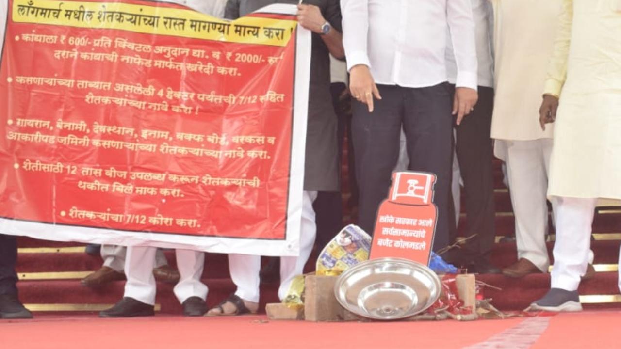 The protesting leaders of the Opposition demonstrated with banners on the footsteps of the Maharashtra Legislature on Thursday