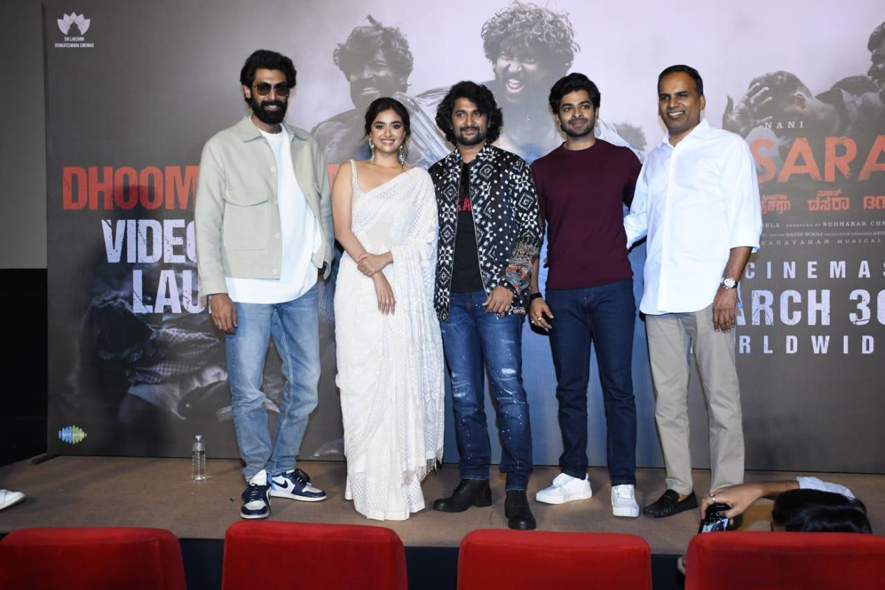 'Dasara' lead stars Nani and Keerthy Suresh were in Mumbai on March 22 for the launch of the rowdy mass anthem of the year – 'Dhoom Dhaam'. Rana Daggubati also graced the event in the city to show his support to the team