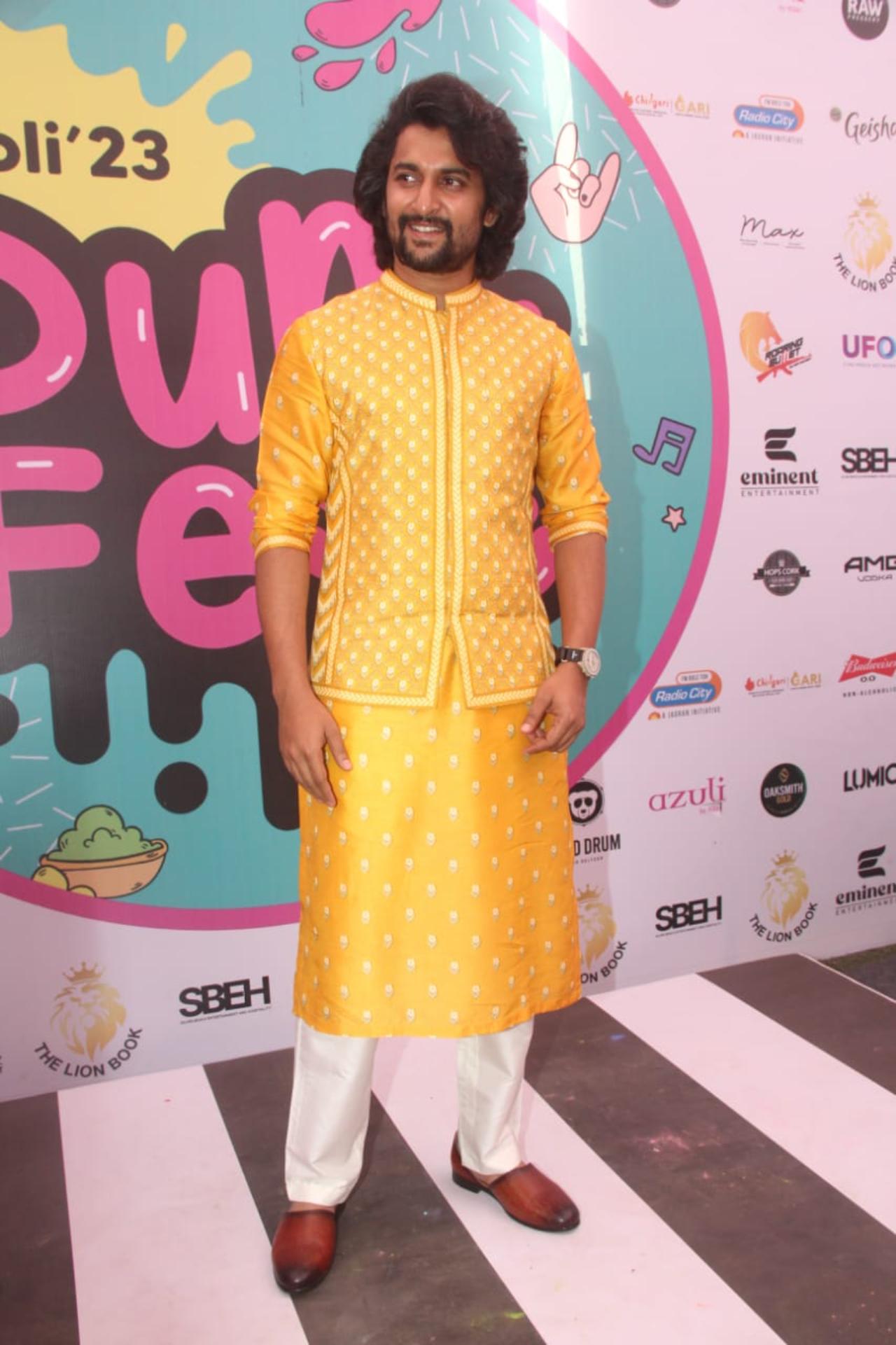 Nani arrived in Mumbai on Tuesday morning and met his fans at a Holi bash in the city. The actor was seen in an all-yellow outfit for the occasion