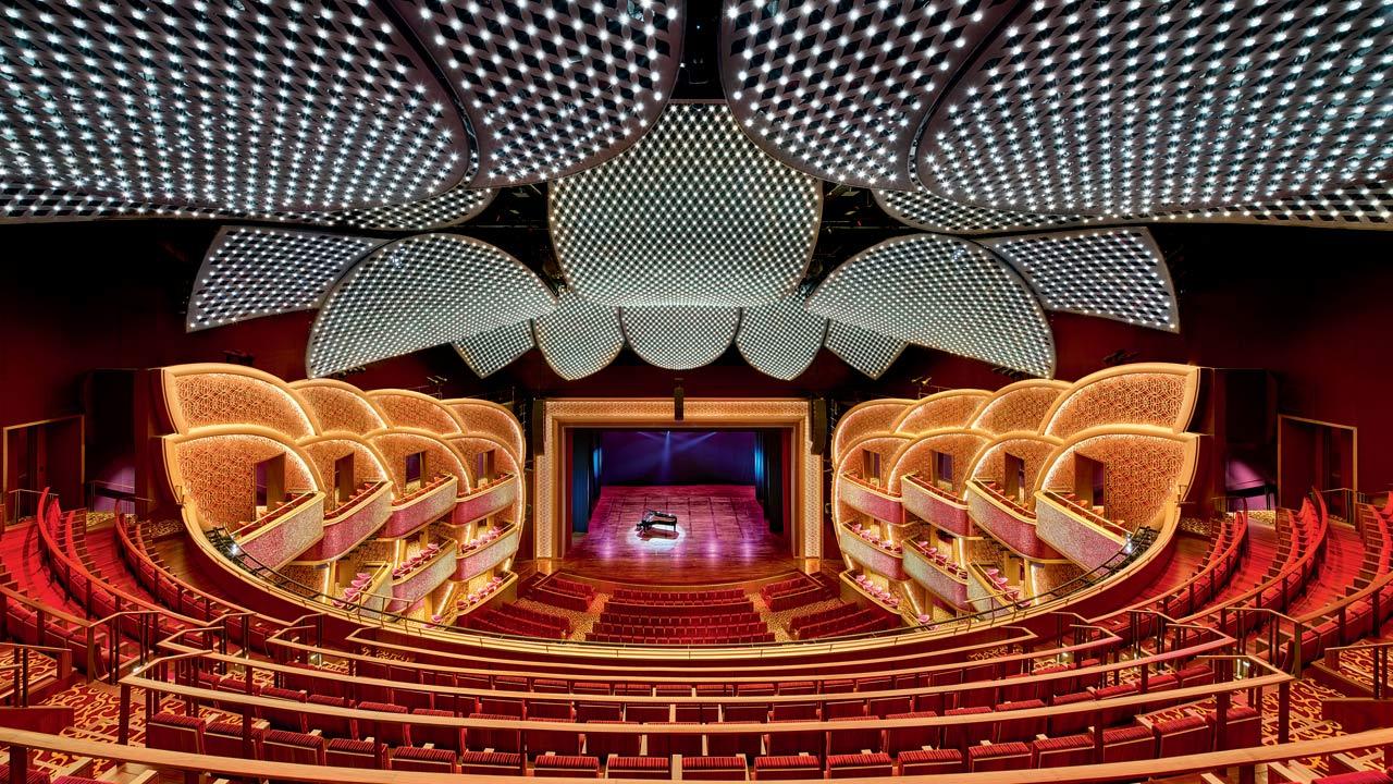 The Grand Theatre has been modelled on LA’s iconic live-performance audi Dolby Theatre—formerly the Kodak Theatre. The 2,000-seater boasts of a sweeping stage that can make extra room for a live orchestra, and is ornamented by lotus-carved wall jaalis and a ceiling studded with 8,400+ Swarovski crystals