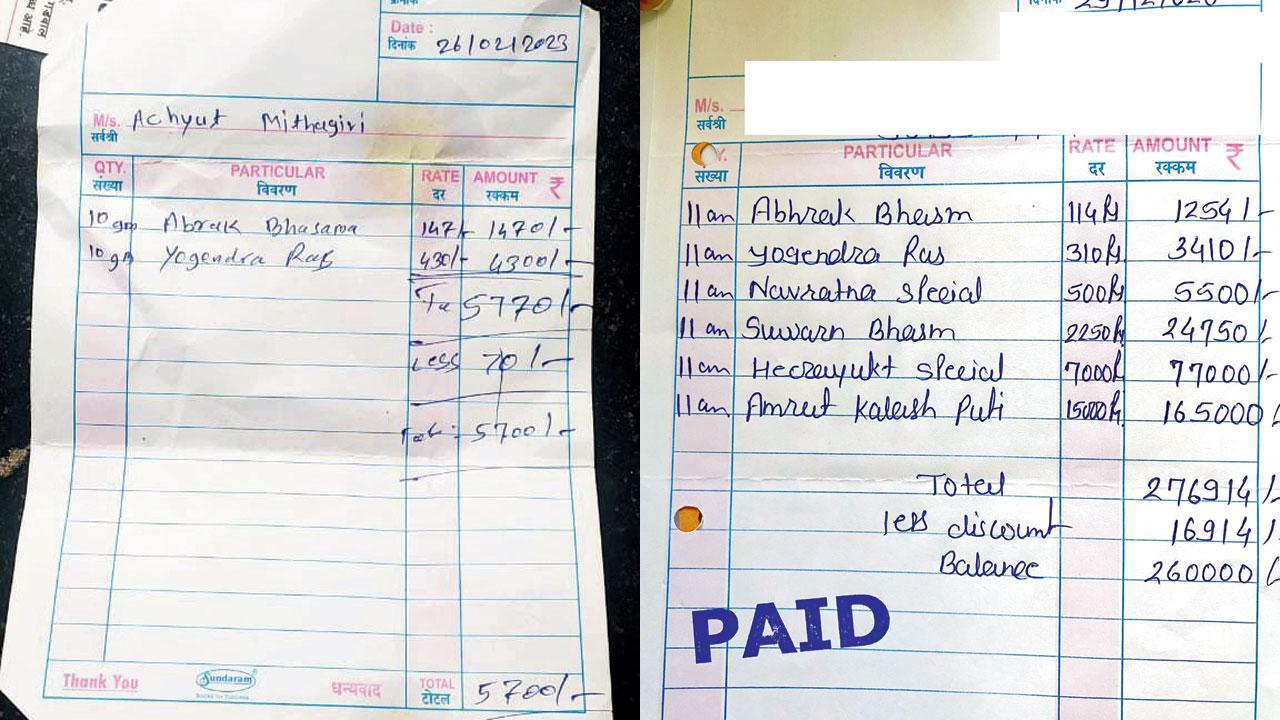 The bill presented to Achyut Mithagiri at an ayurvedic shop in Ghatkopar (right) The bill given to Rajan Parekh for treatment of his child’s infantile eczema