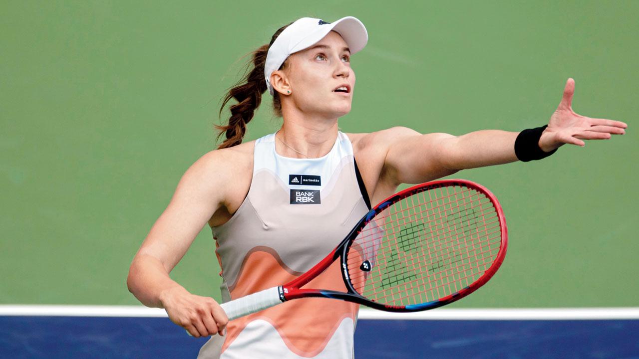 Elena Rybakina serves to Aryna Sabalenka on Sunday