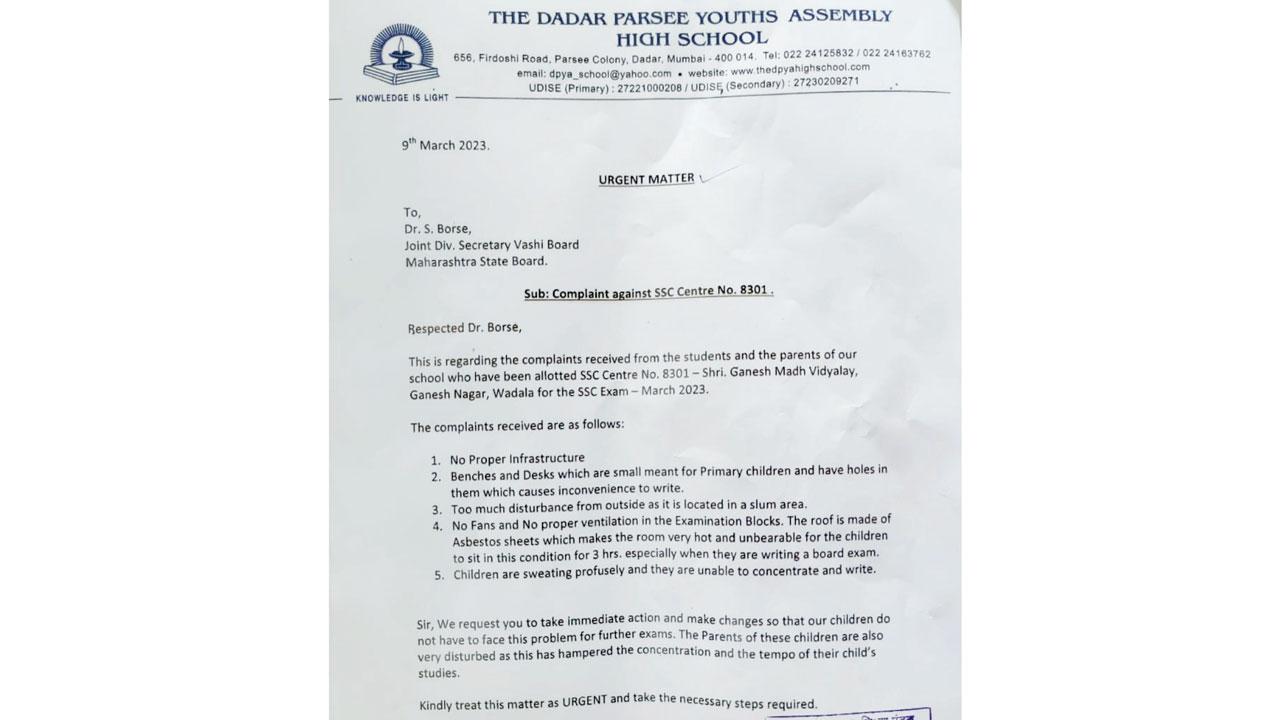 The letter written by the management of Dadar Parsee Youth Assembly High School