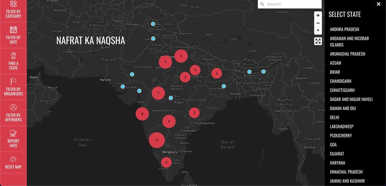CJP’s Nafrat Ka Naqsha, online since February 2021, has evolved from a prototype Peace Map, a seven-stage conflict management product. It aims to warn, predict and prevent violence across India. Map courtesy/Citizens for Justice and Peace