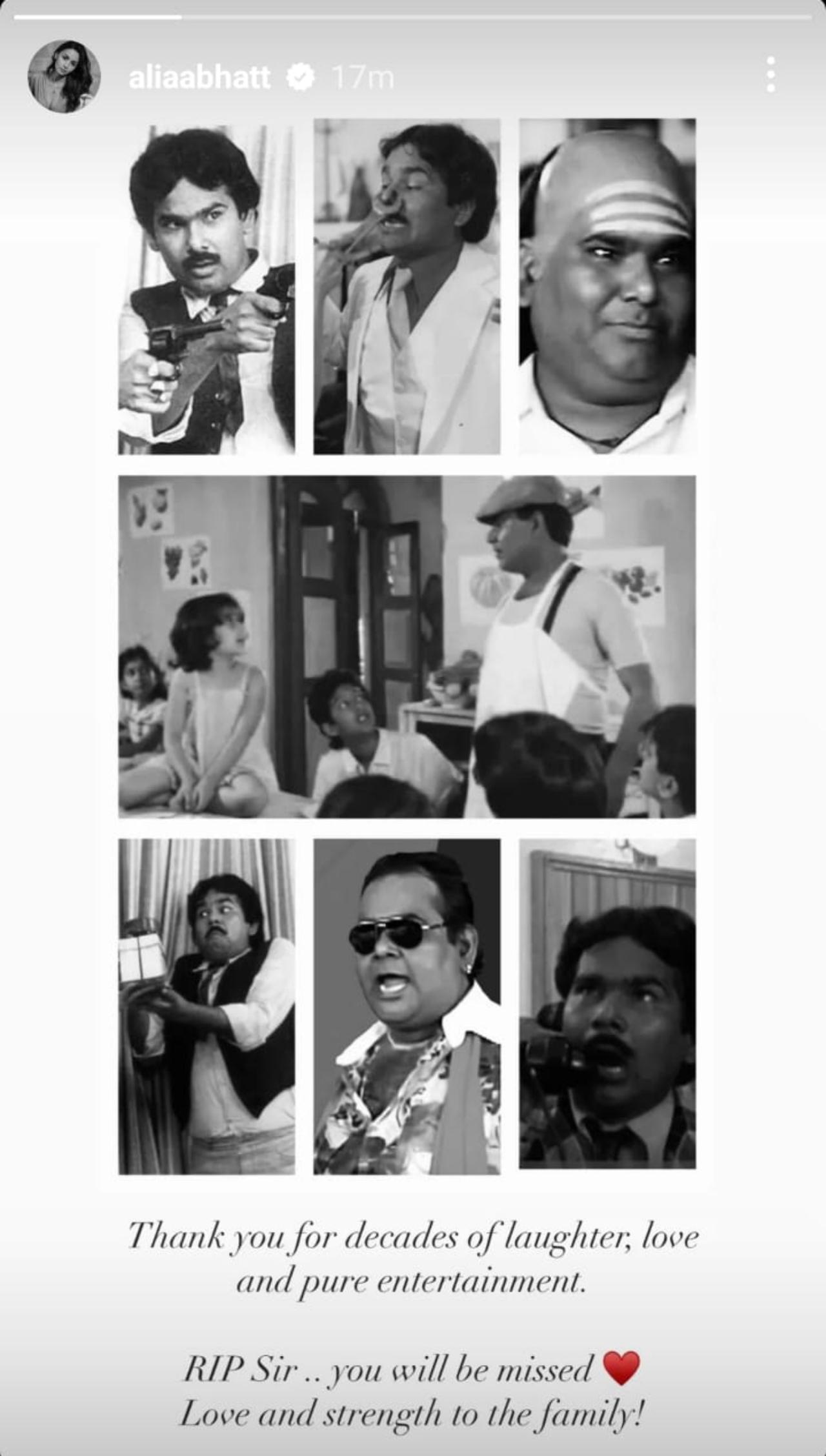 Actress Alia Bhatt took to her Instagram stories and shared a collage of the late actor's roles played and wrote, 