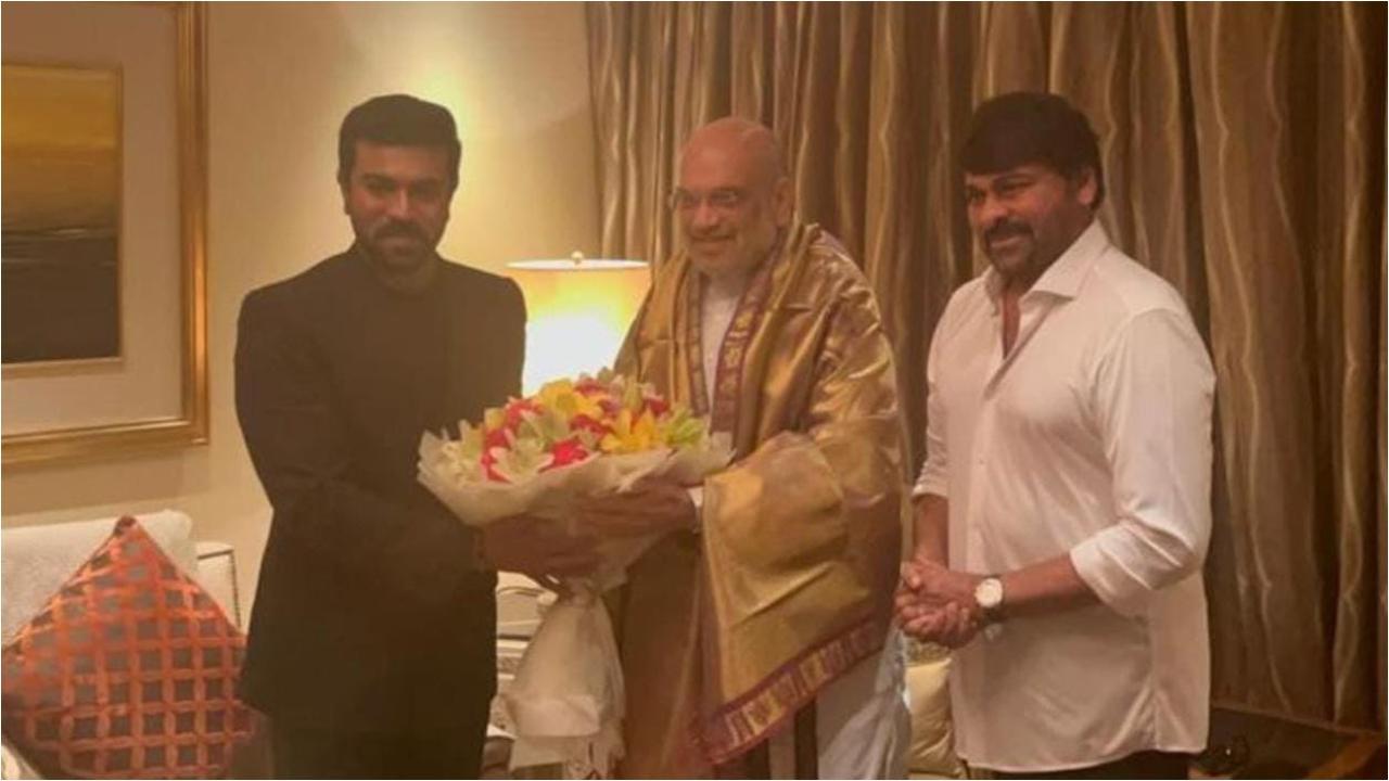 Ram Charan, Chiranjeevi meet Amit Shah in New Delhi after 'RRR' Oscar win