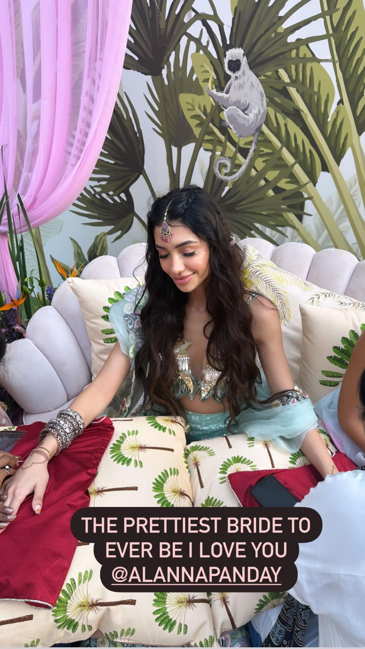 In the pictures, bride-to-be Alanna Panday can be seen dressed in a pastel mint-green floral lehenga while getting her mehendi done