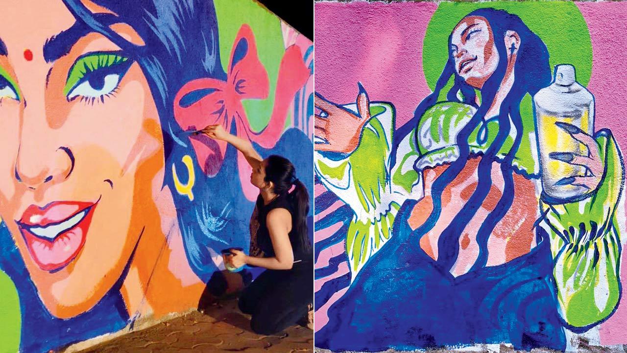 (Left) Tanya Eden at work on her mural; (right) another part of the mural