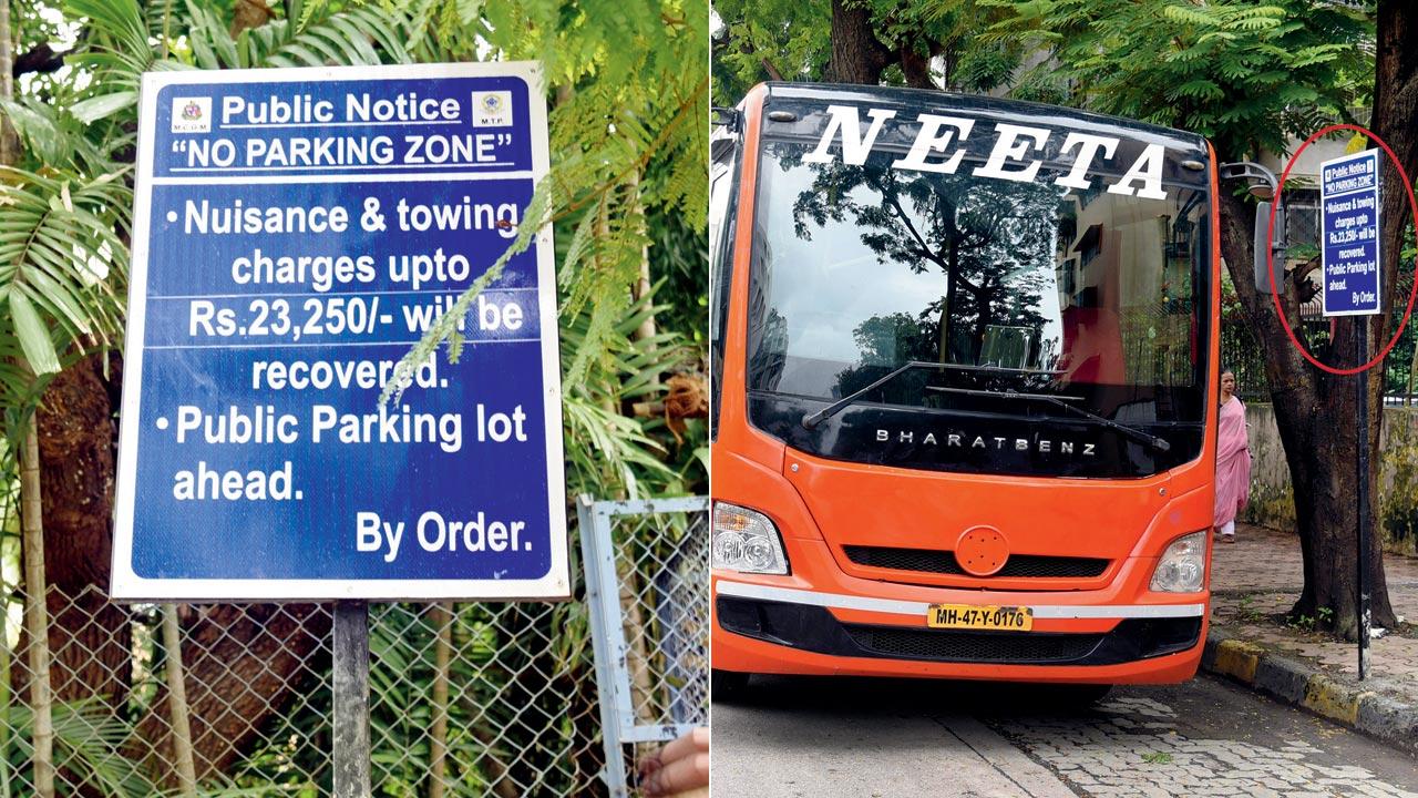 A bus parked in front of a No Parking Zone signage (top) in Borivali. File pics
