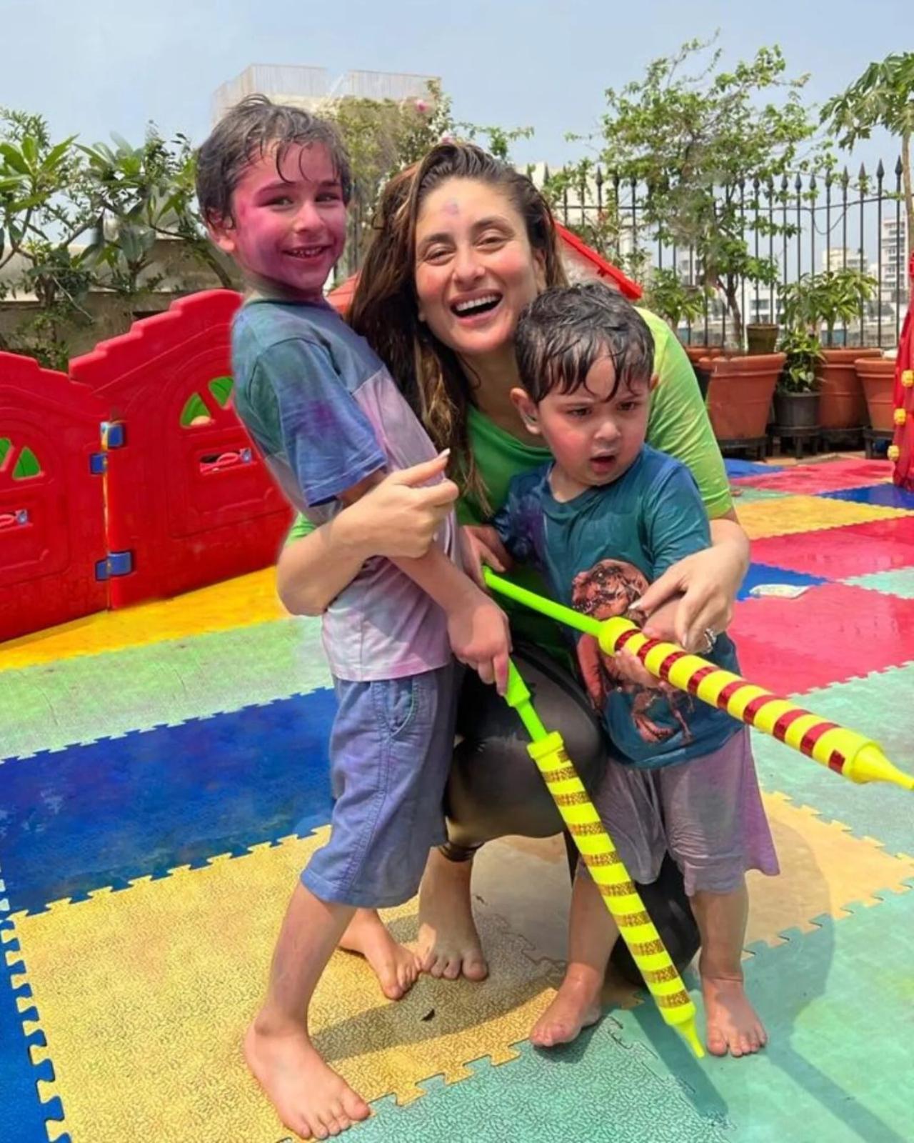 Kareena Kapoor celebrated the day with her munchkins- Taimur and Jeh at their Mumbai home. Friends of the little ones were also at the rooftop Holi party. 