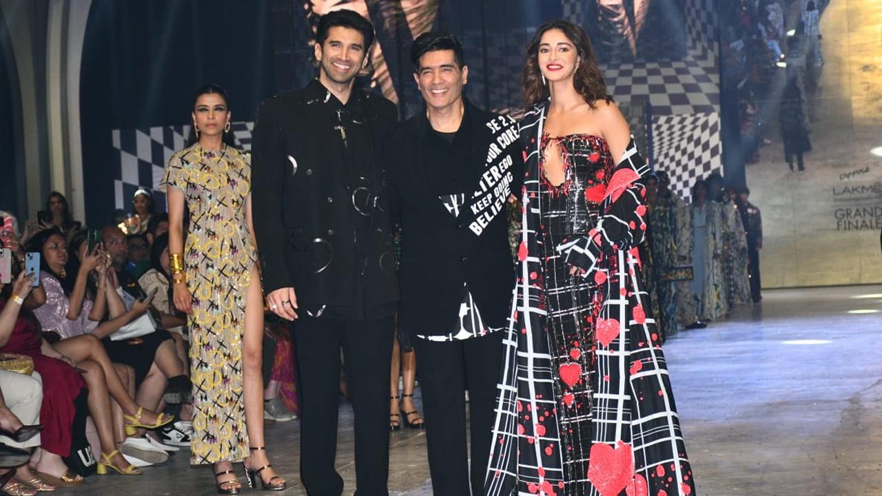 Rumoured couple Aditya Roy Kapur and Ananya Panday took to the ramp for Manish Malhotra at the grand finale of Lakme Fashion Week. The trio were colour co-ordinated in black.