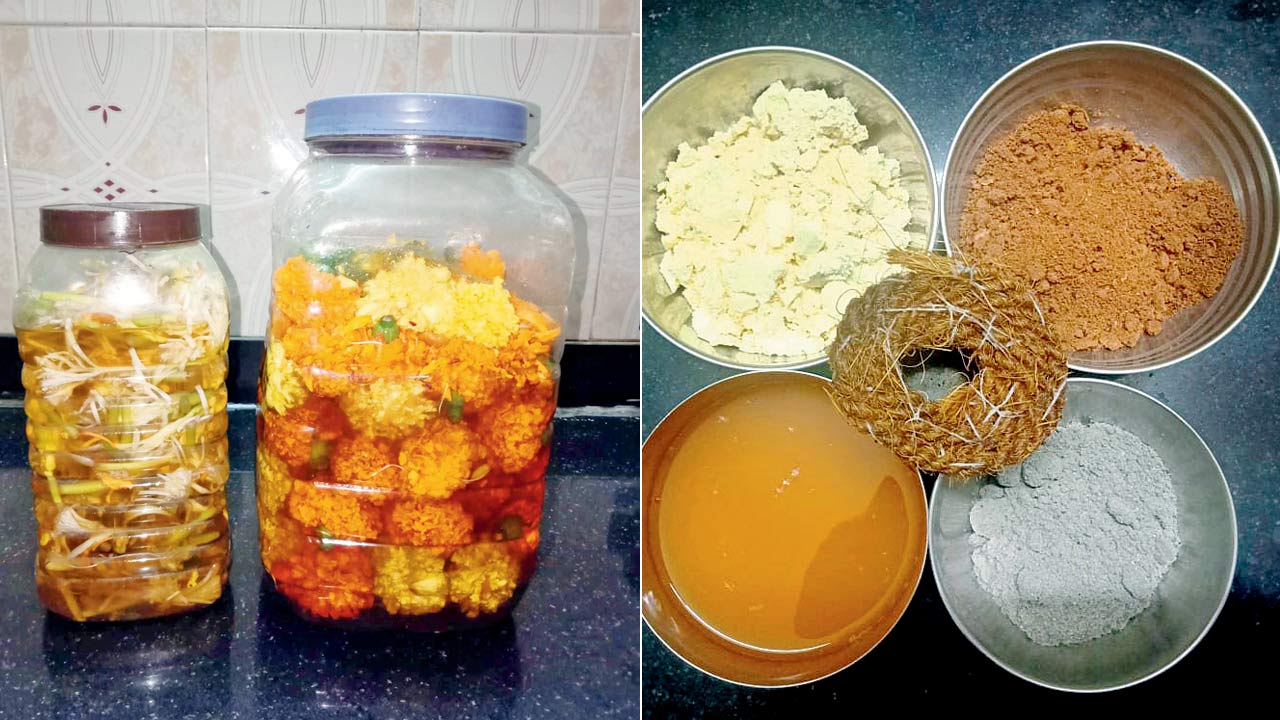 Flower bio-enzyme fermenting in jars; (right) flour, reetha powder, bio-enzyme, wood ash with jute rope scrubber