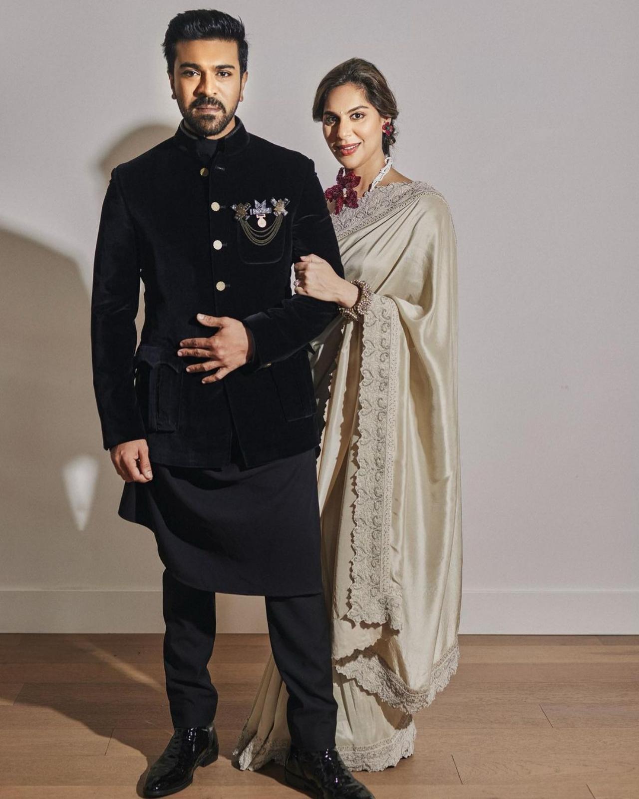 The event also had Upasana Kamineni Konidela in attendance with her husband Ram Charan to support and cheer Team RRR's nomination in the Oscars. She was elegantly attired in sustainable customised ivory silk saree made using hand woven silk, of spun fabric, created from recycled scraps, designed by Hyderabad-based designer, Jayanti Reddy.
