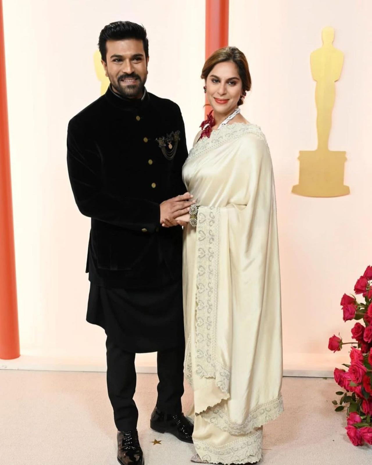 In a reflection of his character in 'RRR', Ram Charan came outfitted in an ensemble from Shantnu & Nikhil styled by Nikita Jaisinghani.