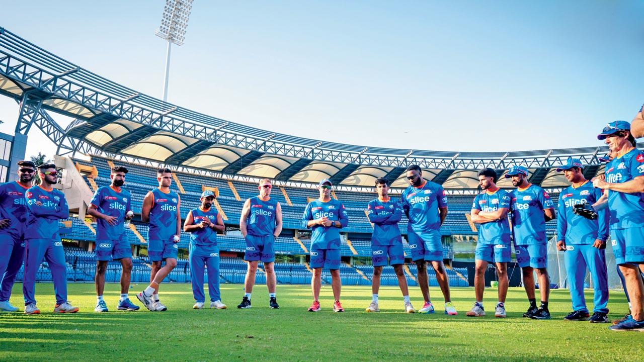 MI players prior to a training session at Wankhede recently. Pic/MI