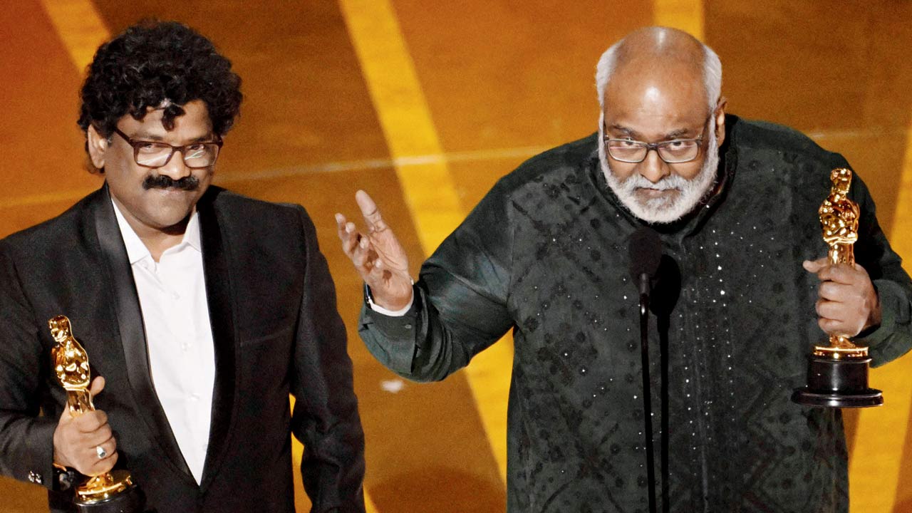 Chandrabose and Keeravaani at the Oscars. Pic/AFP