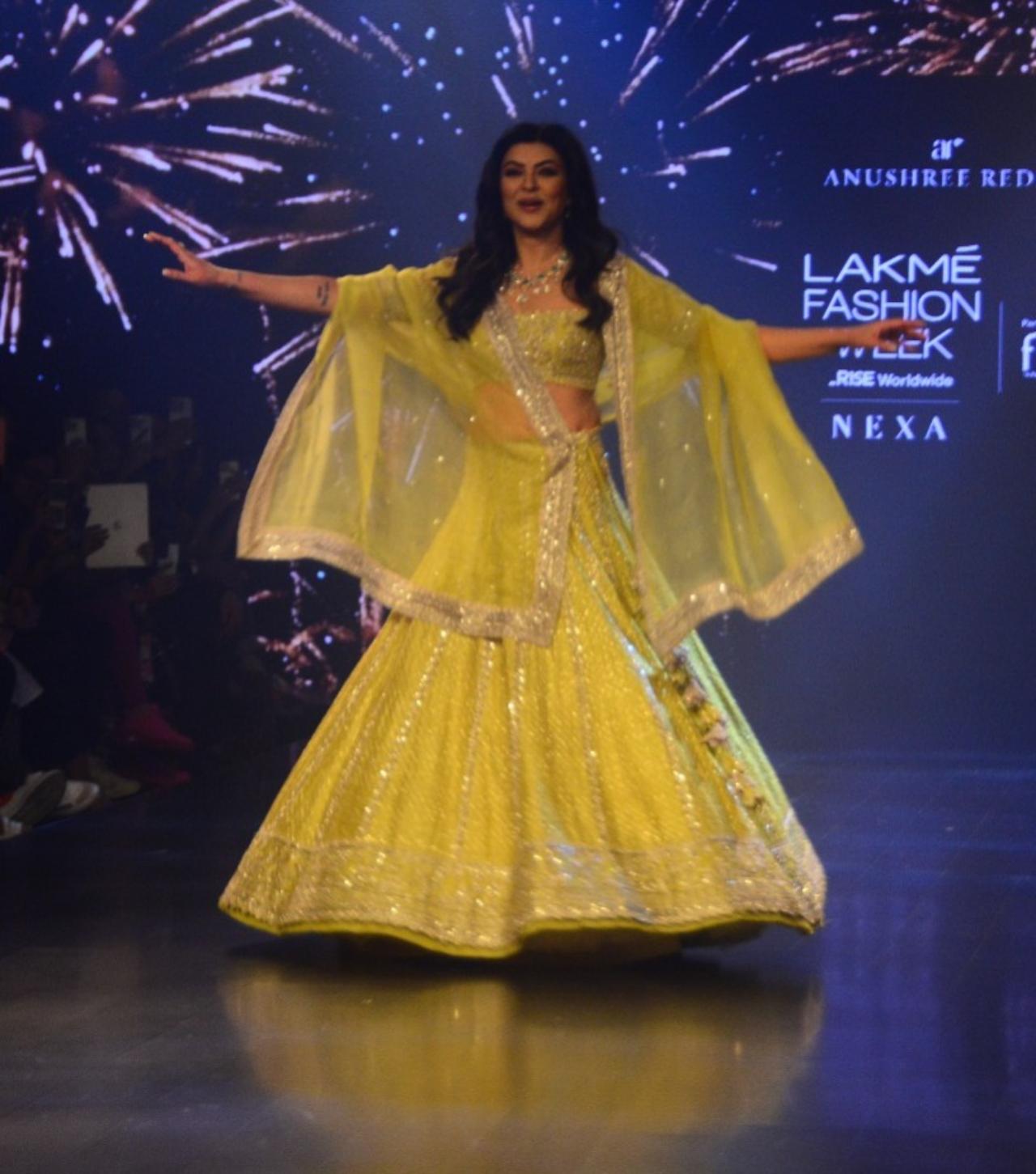 Sen, 47, walked the ramp on Saturday wearing a yellow lehenga with delicate embroidery. She kept her hair loose and wore a statement neckpiece