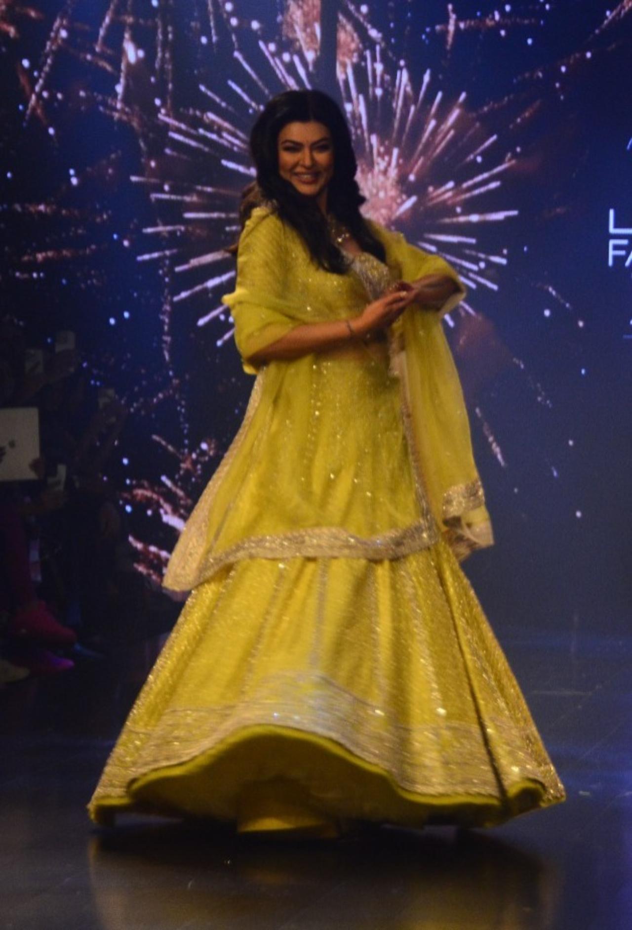 Days after suffering a massive heart attack, Bollywood star Sushmita Sen made her first public appearance as a showstopper for designer Anushree Reddy at the ongoing Lakme Fashion WeekXFDCI