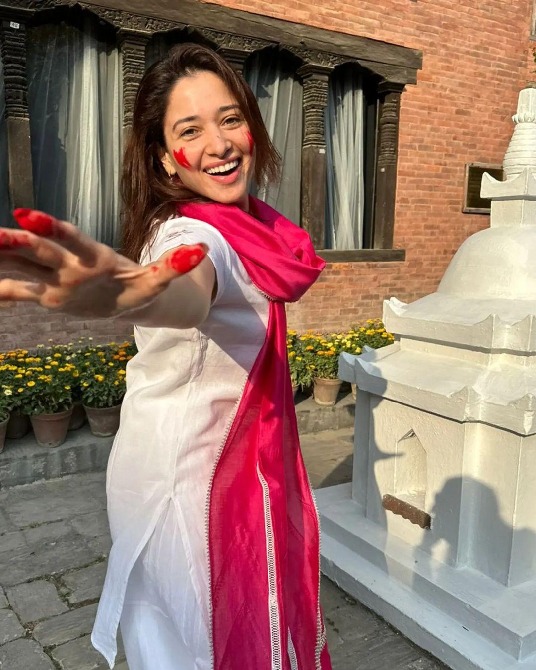 Tamannaah celebrated the day in Nepal and took to her Instagram handle to share happy pictures of herself with gulaal on her cheek