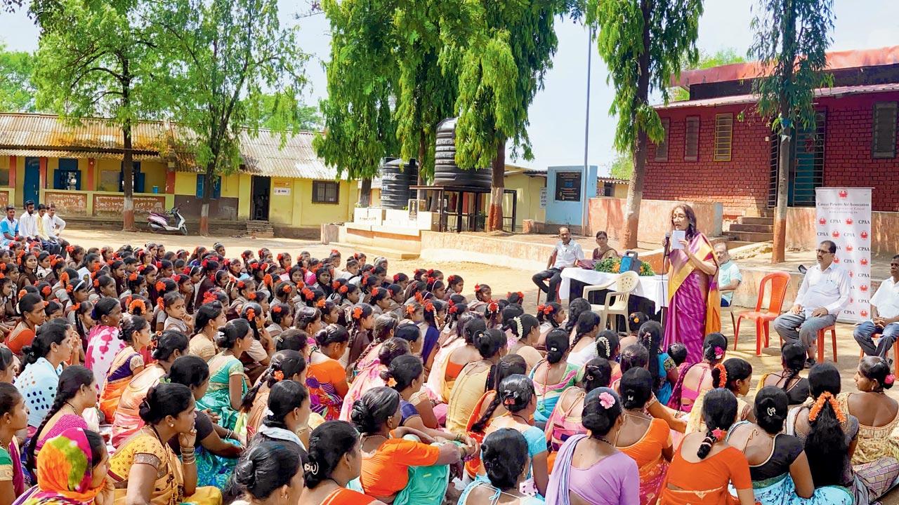 An awareness session, as part of the Eliminate Cervical Cancer Campaign, led by Cancer Patients Aid Association (CPAA) in rural Maharashtra