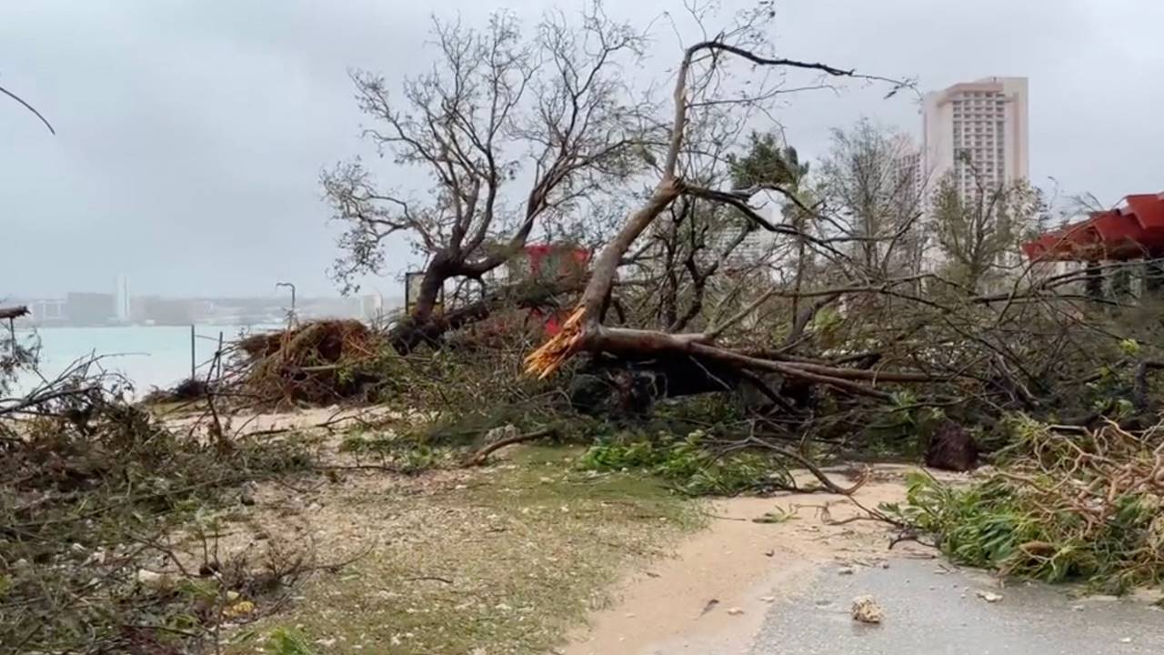 This video capture from James Reynolds' Twitter page @EarthUncutTV shows the damage caused by high winds and precipitation a day after Typhoon Mawar passed over Tumon Bay, Guam, May 25, 2023.