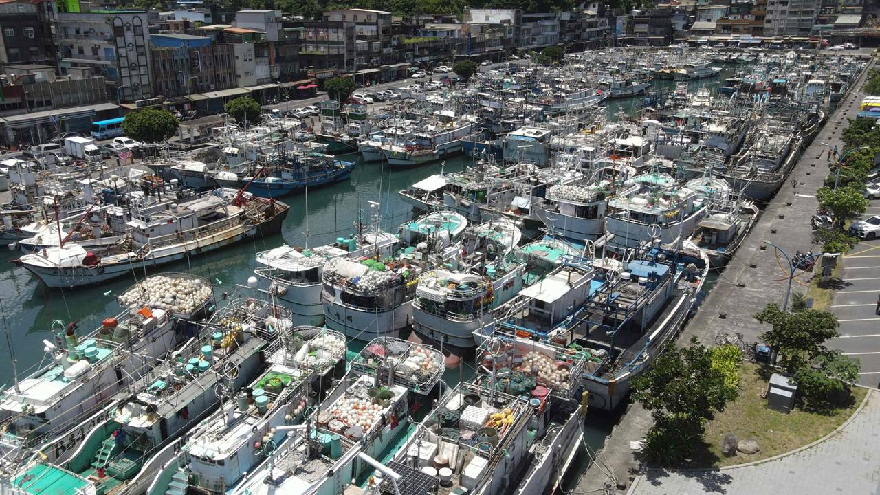 Fishing boats are docked in the Nanfangao Fishing Harbour for shelters in Yilan county as typhoon Mawar approaches on east coast of Taiwan on May 29, 2023.