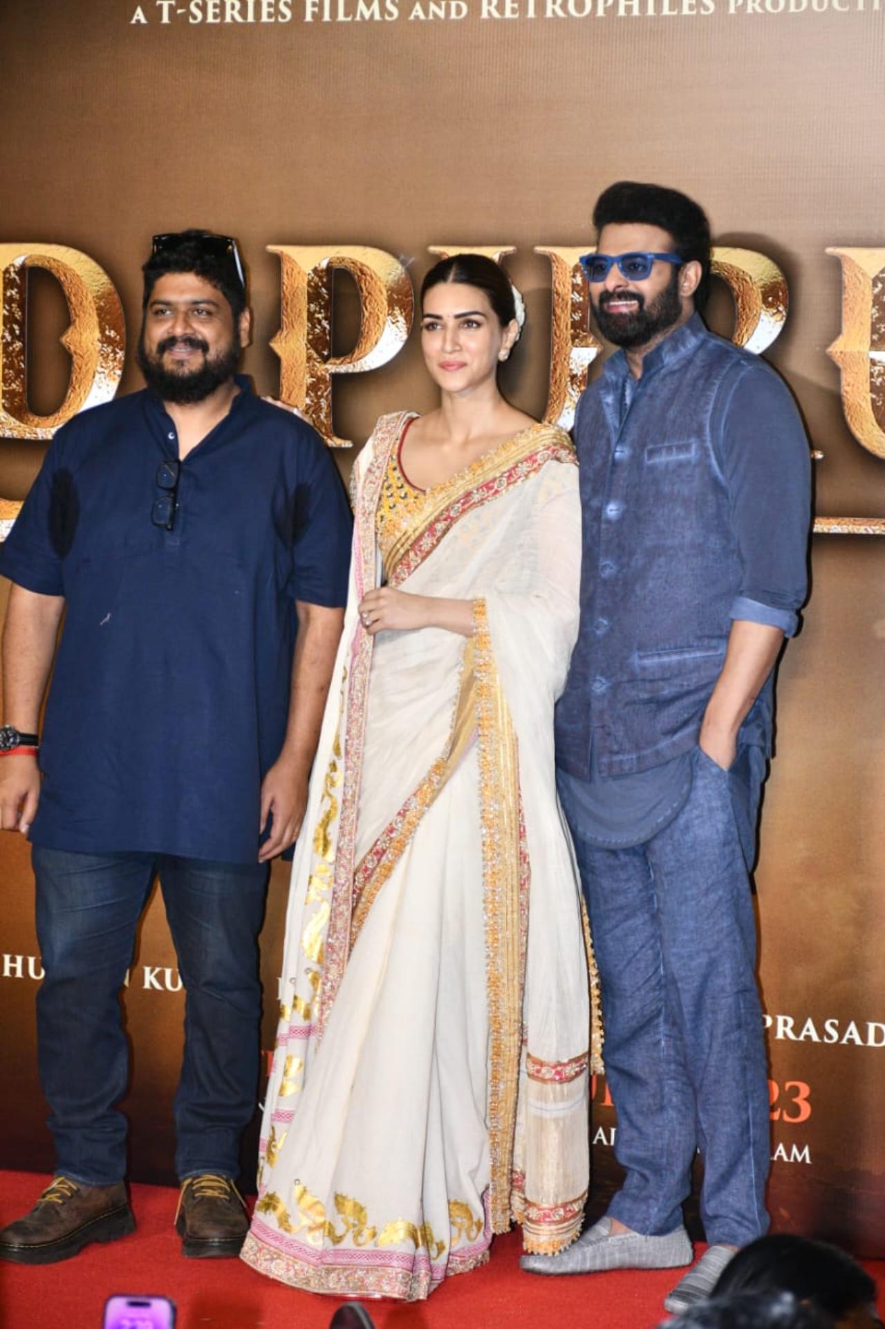 Director Om Raut, Kriti Sanon and Prabhas at the Adipurush trailer launch in Mumbai. (Photo: Yogen Shah)
