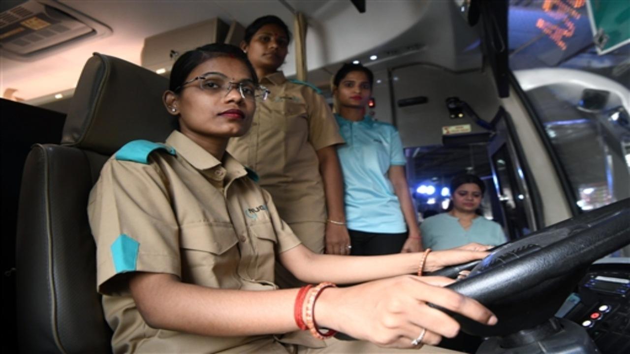 A woman bus driver with all women staff after an inter-city bus launched by the GreenCell Mobility CEO and MD Devendra Chawla at the flag off ceremony at ISBT Delhi in New Delhi on Tuesday. ANI Photo