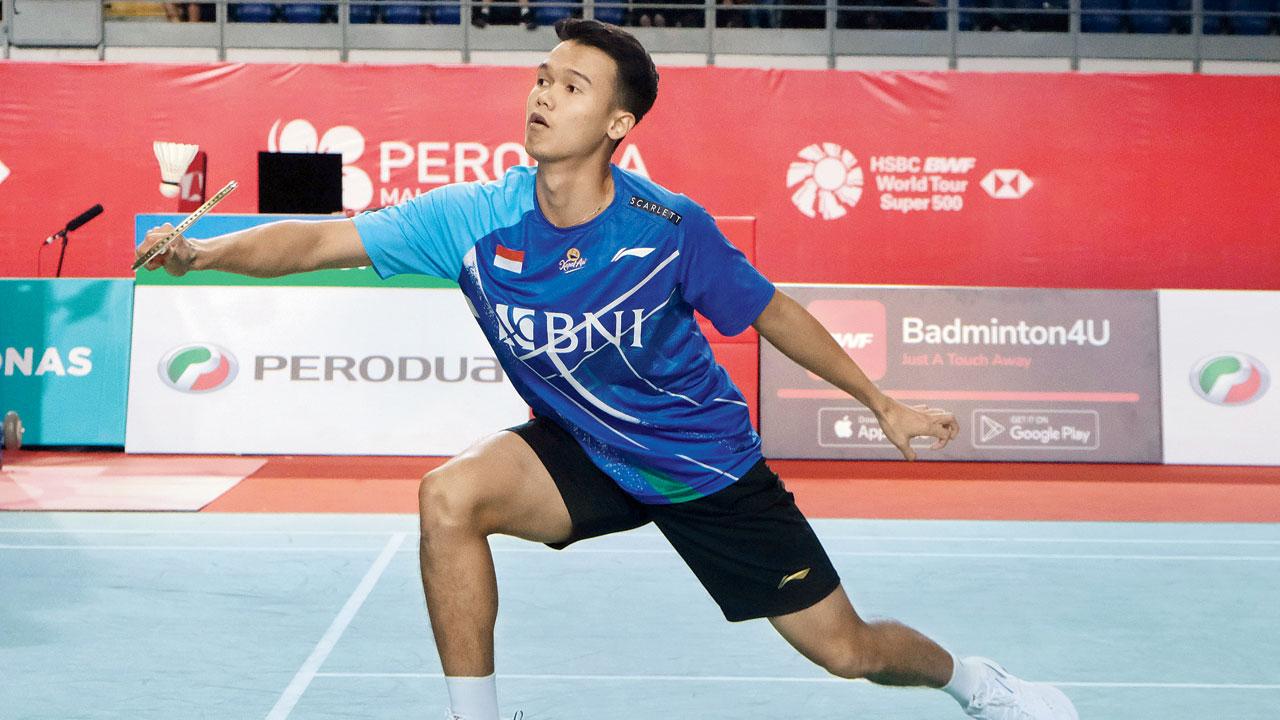 Indonesia’s Christian Adinata returns to India’s HS Prannoy during their semi-final on Saturday