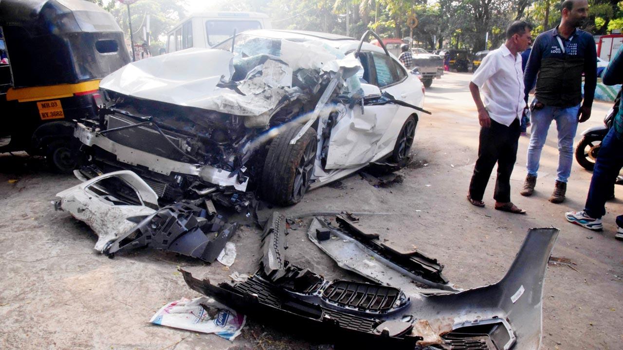 The BMW that belonged to Adhvaryu Bandekar`s mother, which was wrecked in the May 12 accident. Pic/Sameer Markande