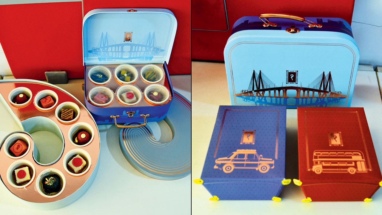We liked the illustrations of Mumbai landmarks, autos and BEST buses on the gift packaging; (left) the sweets came packed in air-tight containers