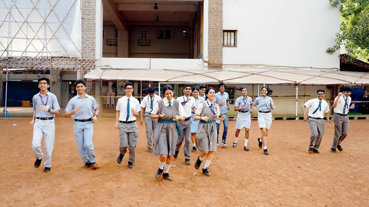 Students of Bombay Scottish School, Mahim celebrate after the ICSE results were announced on Sunday. Pics/Aishwarya Deodhar