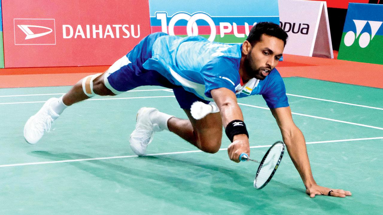 India’s HS Prannoy during his match against Kenta Nishimoto of Japan. Pics/Getty Images