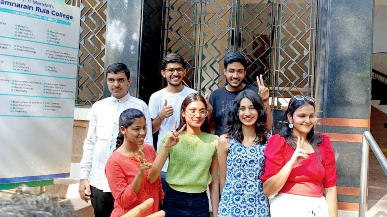 Students of Matunga’s Ruia college celebrate after the HSC results were announced on Thursday