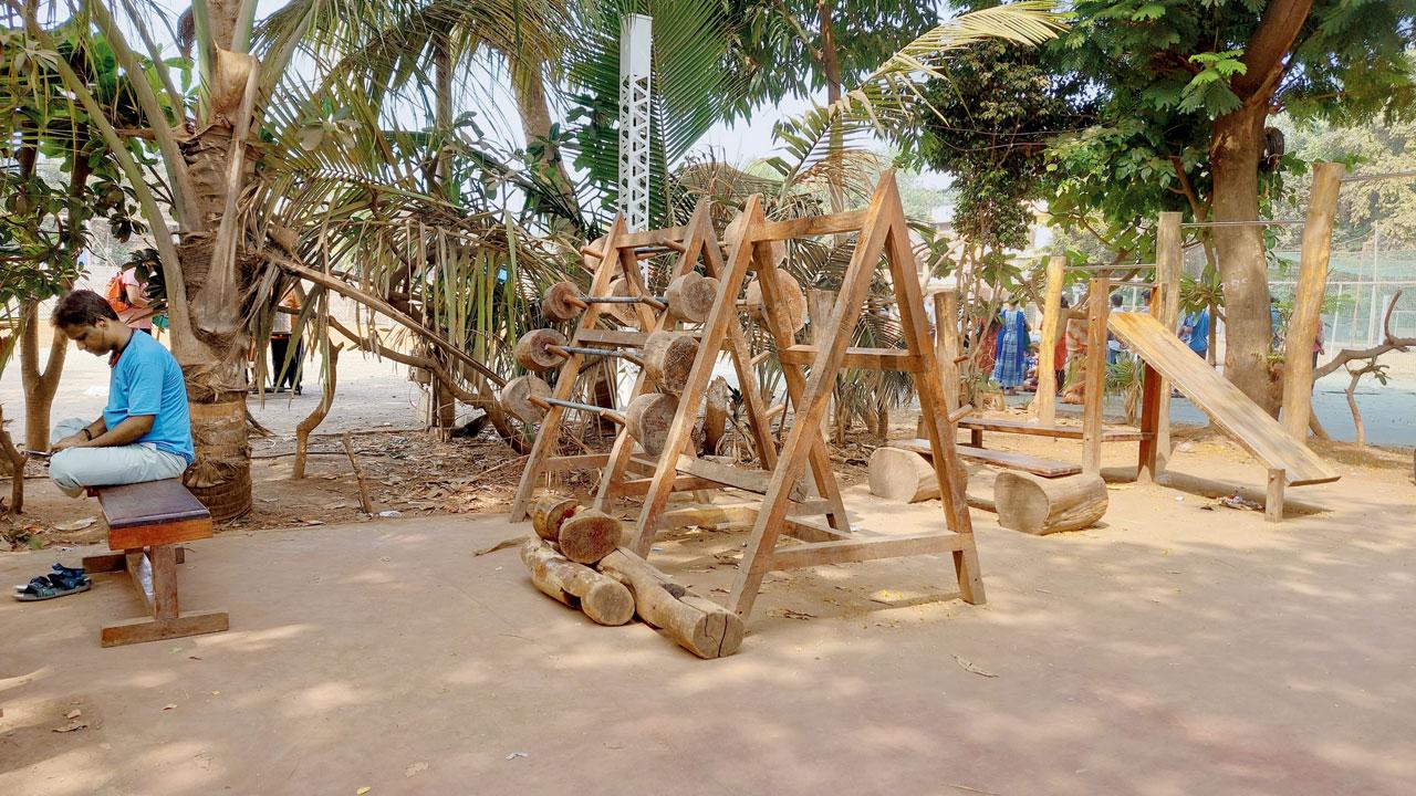 Gym equipment made from wood near Jambori Maidan