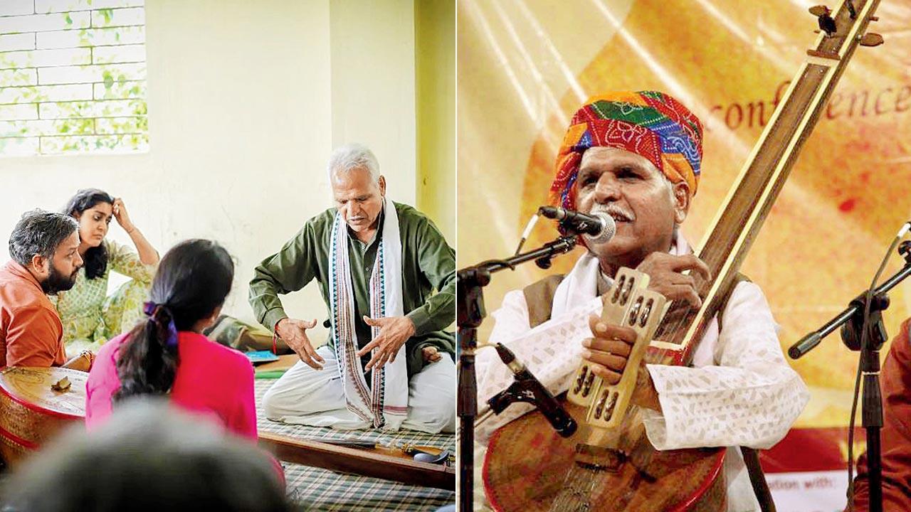 Prahlad Singh Tipaniya; (right) Explains music to his students. Pic Courtesy/Instagram