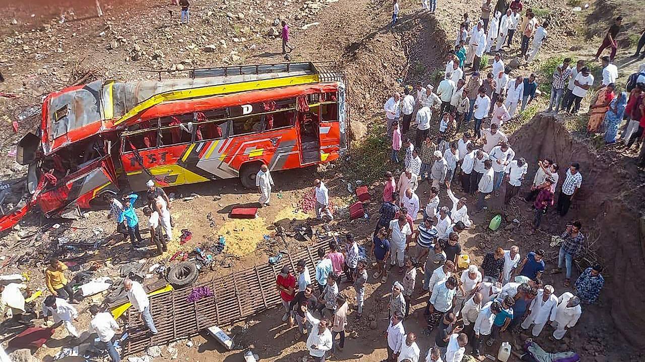 The bus broke railings of Dasanga bridge and fell on a dry bed of the Borad river near Dongargaon village, Mishra told reporters. Pic/PTI
