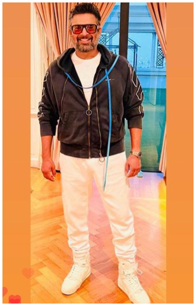 Here, R Madhavan keeps his look casual in a sweatshirt and white pants, paired with his charming smile and a carefully trimmed beard