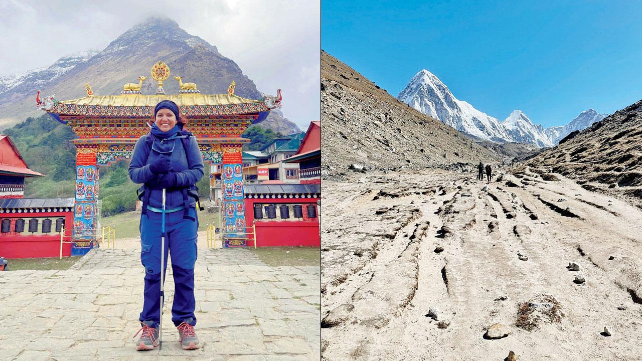 Mittal at Namche pass (right) The path to the base camp