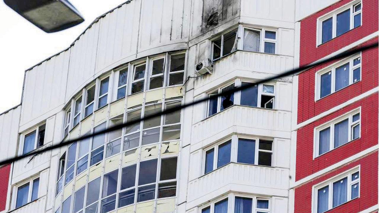 An apartment building which was reportedly damaged by a Ukrainian drone in Moscow Tuesday. Residents reported hearing explosions. Pics/AP