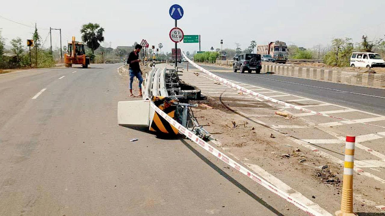 The damaged crash cushion on the Surya river bridge, where Mistry died, was removed on Friday 