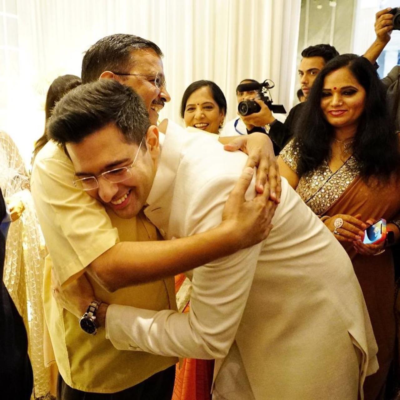 Arvind Kejriwal took to his social media handle to wish the couple. In one of the pictures, he is seen giving Raghav hug