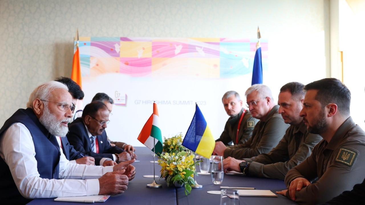 PM Modi and Ukrainian President Volodymyr Zelenskyy on Saturday held bilateral talks. Pic/PMO's official Twitter account