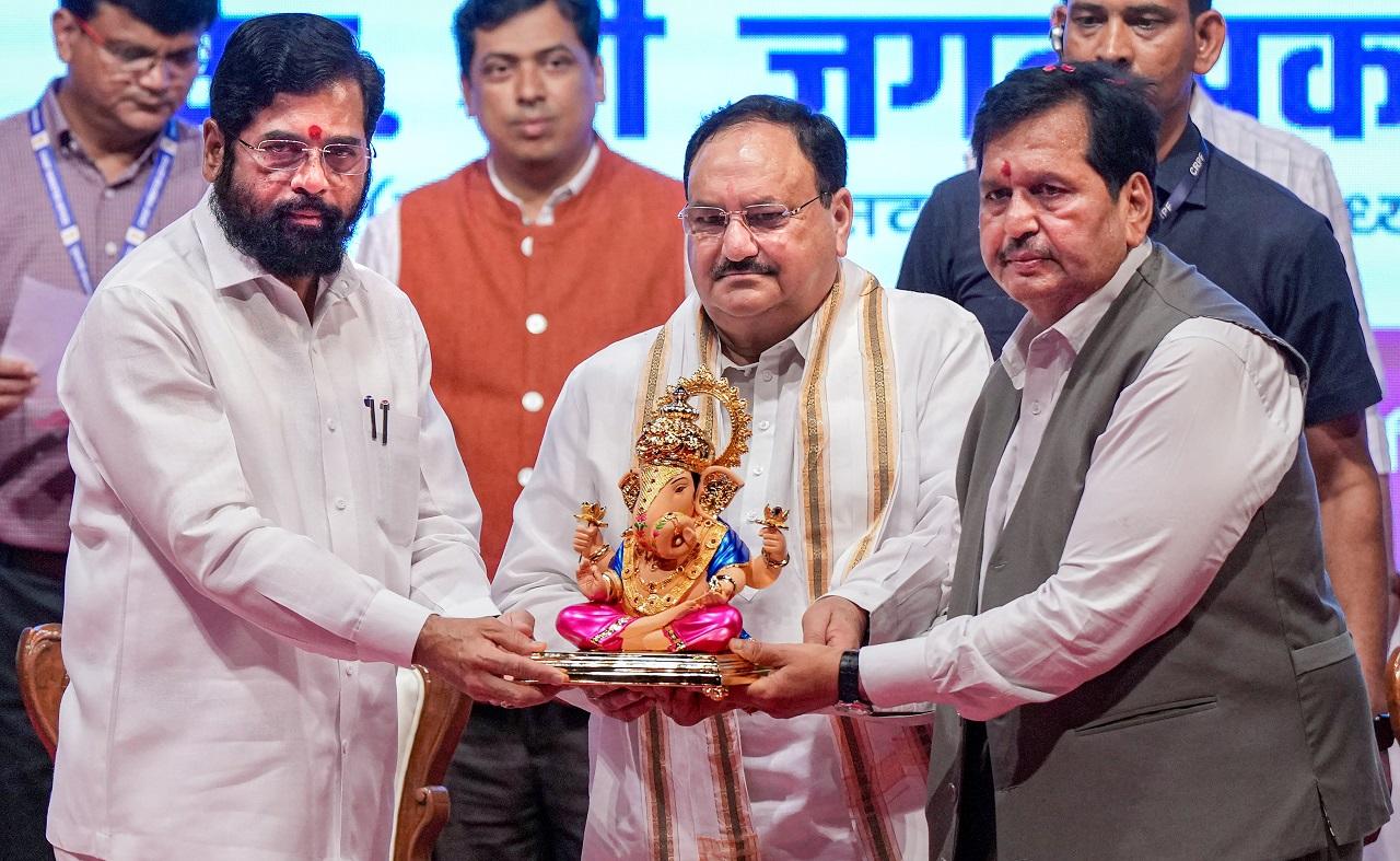 Maharashtra Chief Minister Eknath Shinde with BJP National President JP Nadda and Maharashtra Minister Mangal Prabhat Lodha during the 'Yuva Sanwad' program, organised by the skill development department of Government of Maharashtra, in Mumbai