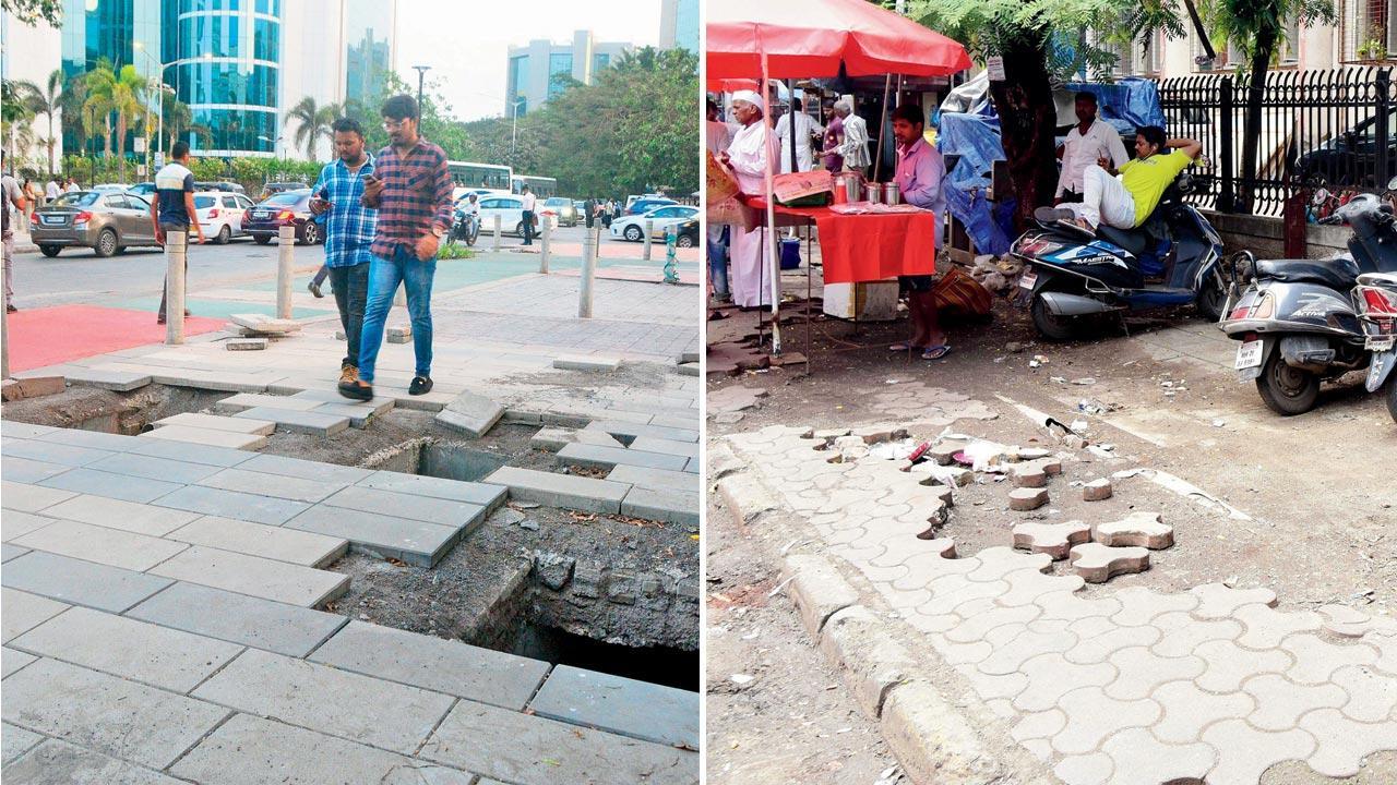An open manhole at BKC on April 26, 2022; (right) a broken footpath opposite KEM hospital in Parel on September 21, 2018. File pics