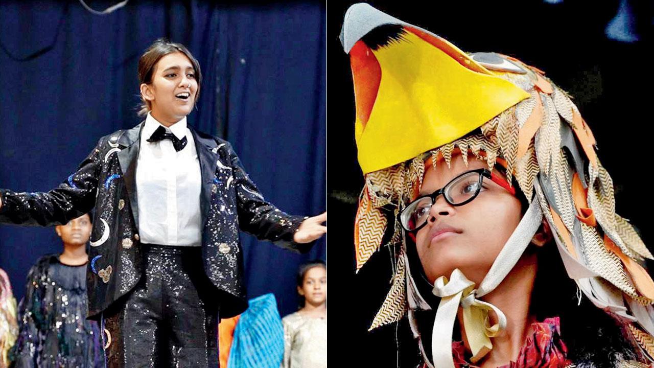 (From left) An actor performs during rehearsal; a girl in costume