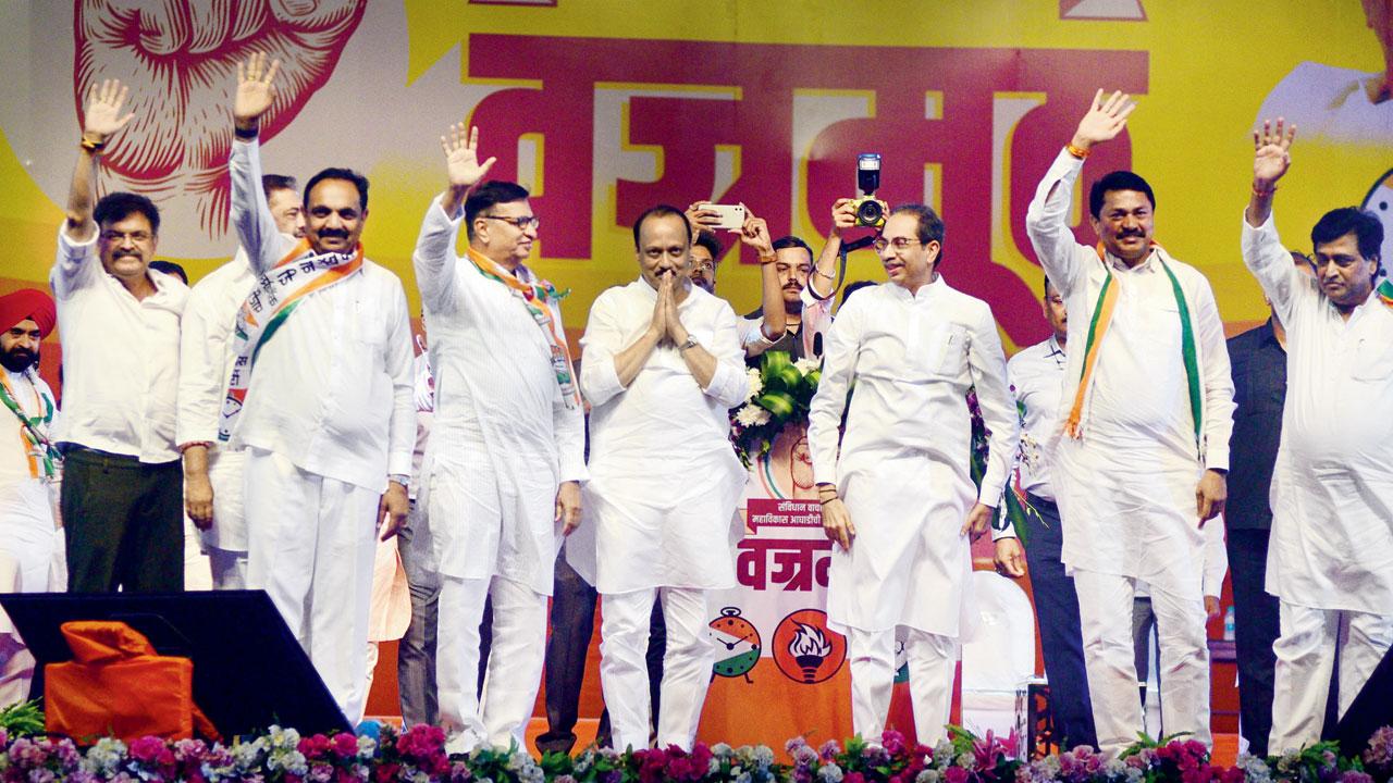 Shiv Sena (UBT) chief Uddhav Thackeray with NCP and Congress leaders during the MVA rally ‘Vajramuth’, at BKC on Monday. Pic/Rane Ashish